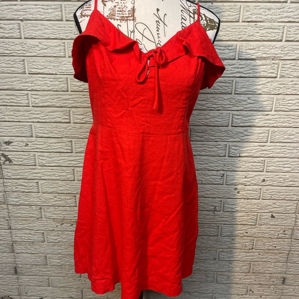 Lush Red Mini Dress Cotton-Linen Blend Size L